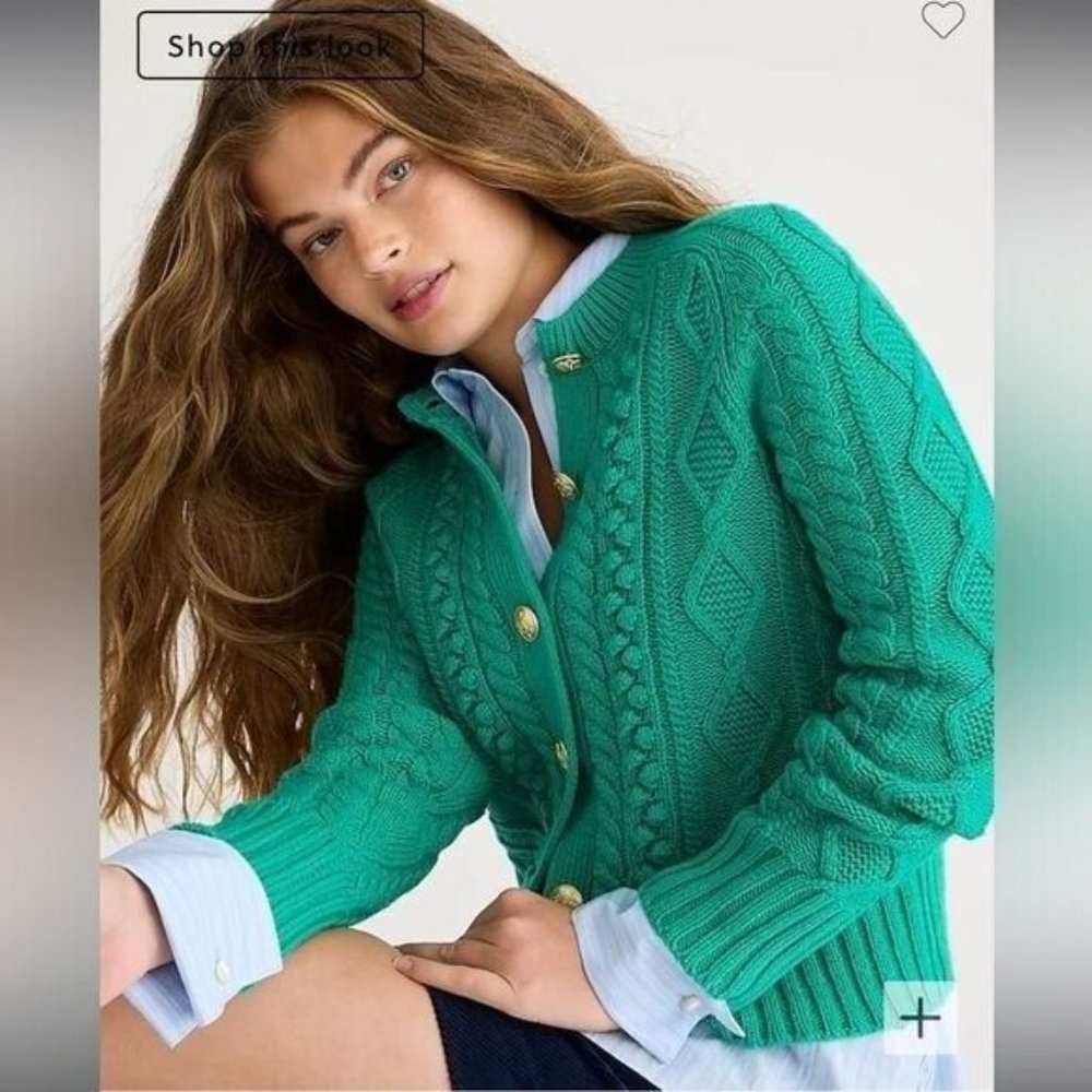 NWT XXS J. Crew Cable-knit Cardigan Sweater in Emerald Beryl green